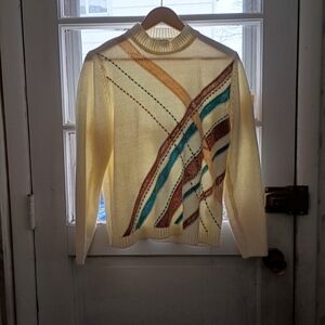 VTG Alfred Dunner Pullover Sweater Women Sz Medium Teal Brown Stripes Mock Neck